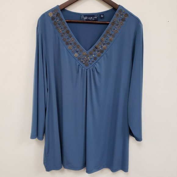 Susan Graver Womens Liquid Knit Beaded Top Size 2X Embellished Boho Mature Artsy - Picture 1 of 12